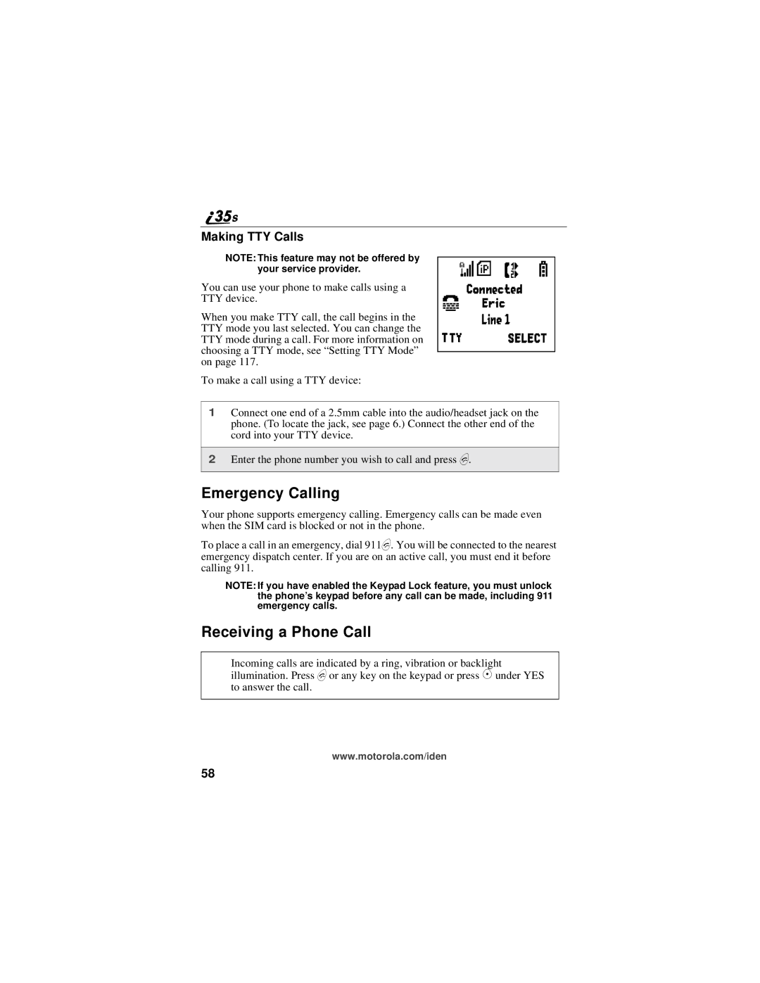 Motorola i325 manual Emergency Calling, Receiving a Phone Call, Making TTY Calls 