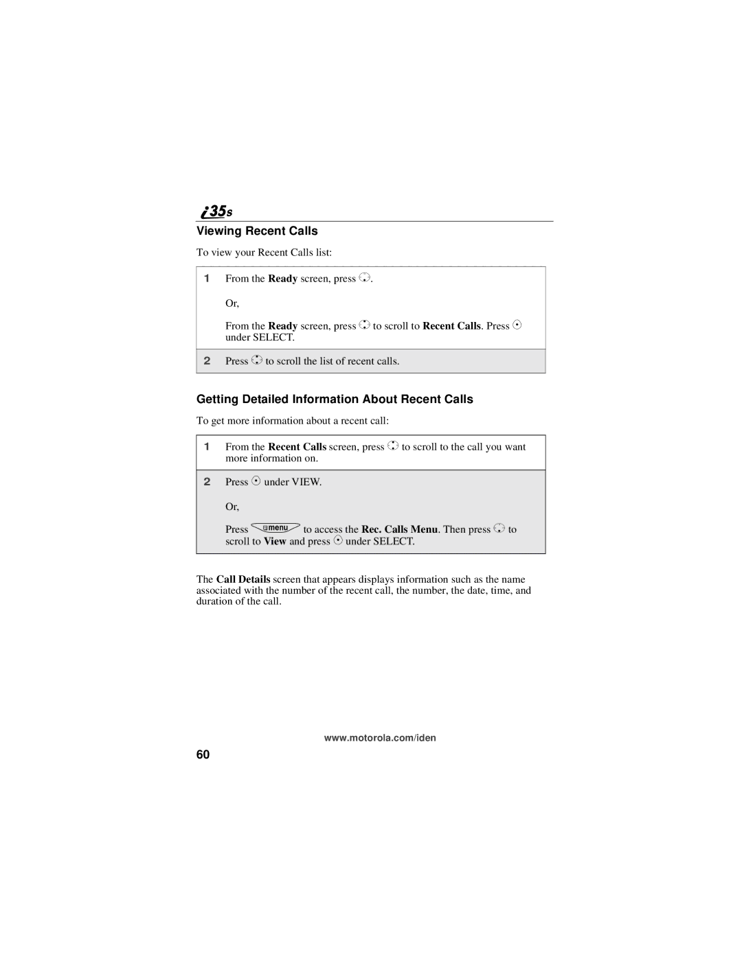 Motorola i325 manual Viewing Recent Calls, Getting Detailed Information About Recent Calls 