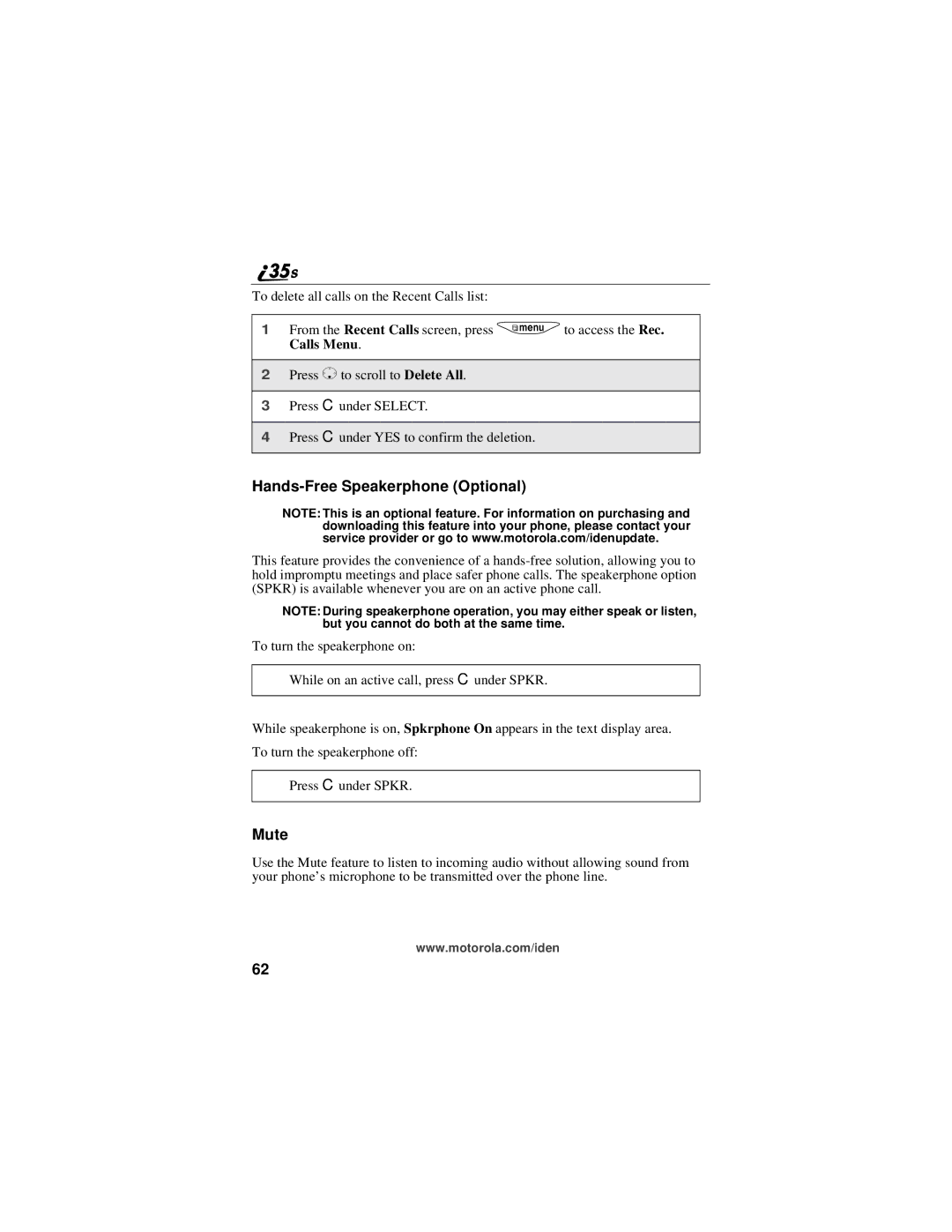 Motorola i325 manual Hands-Free Speakerphone Optional, Mute 