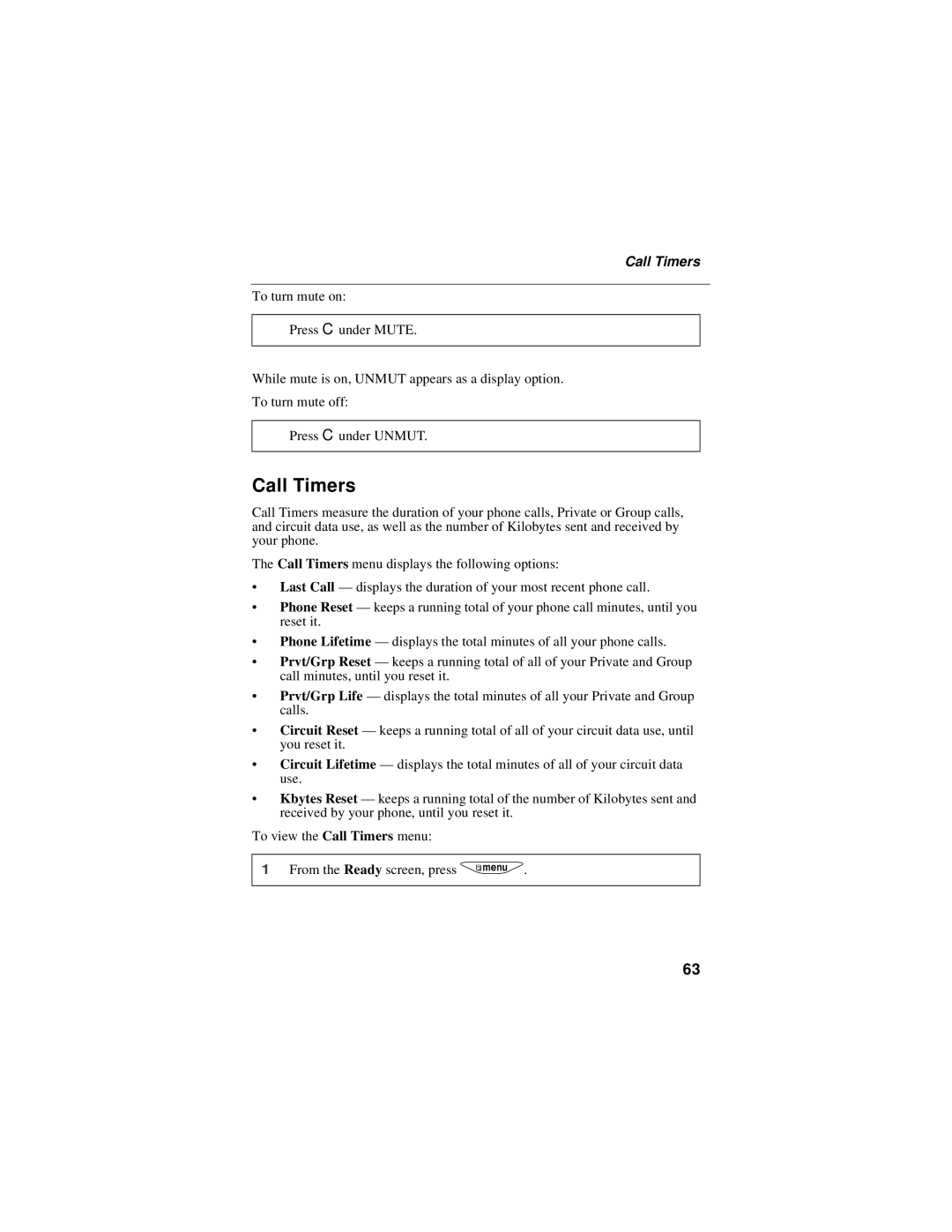 Motorola i325 manual Call Timers 