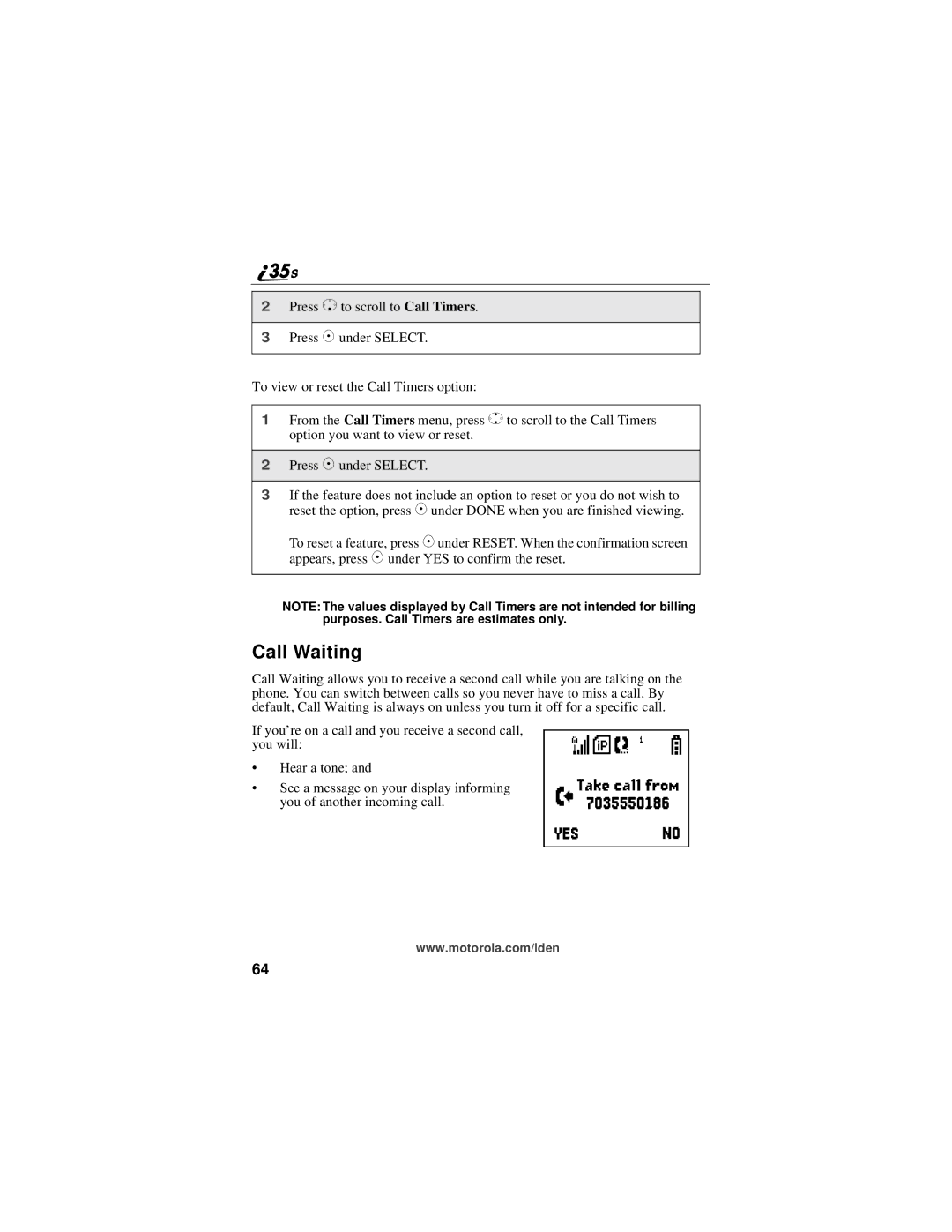 Motorola i325 manual Call Waiting 