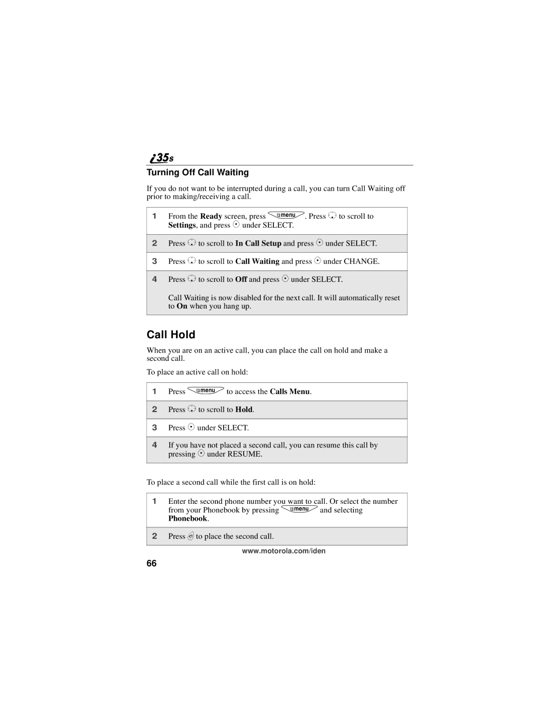 Motorola i325 manual Call Hold, Turning Off Call Waiting 