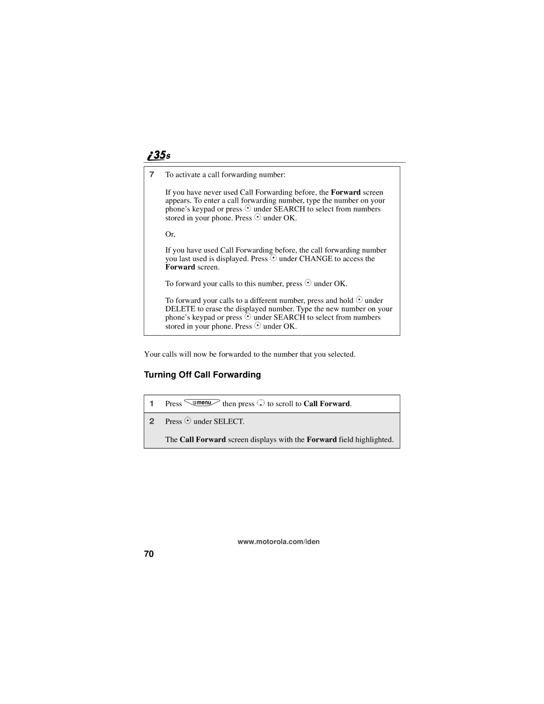 Motorola i325 manual Turning Off Call Forwarding 