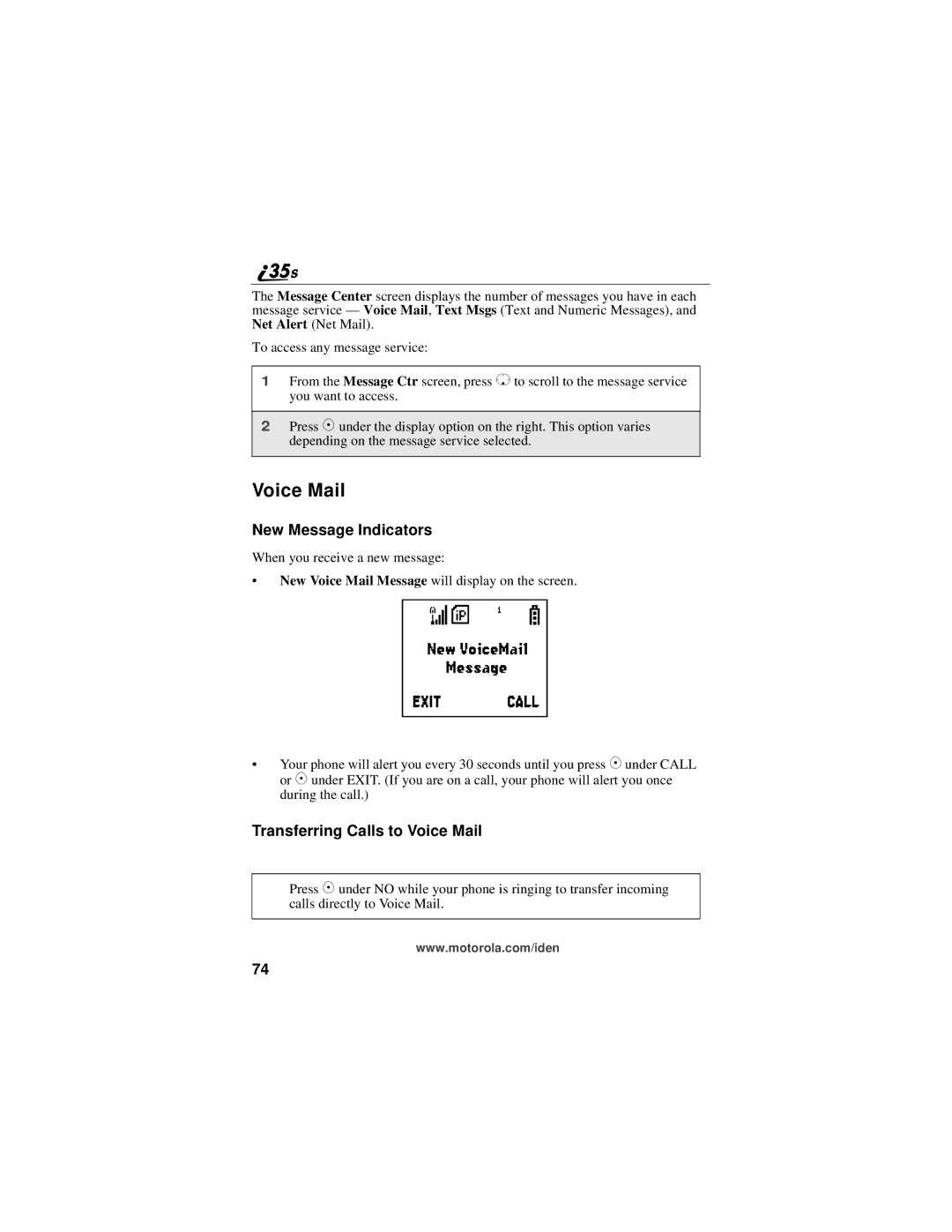 Motorola i325 manual New Message Indicators, Transferring Calls to Voice Mail 