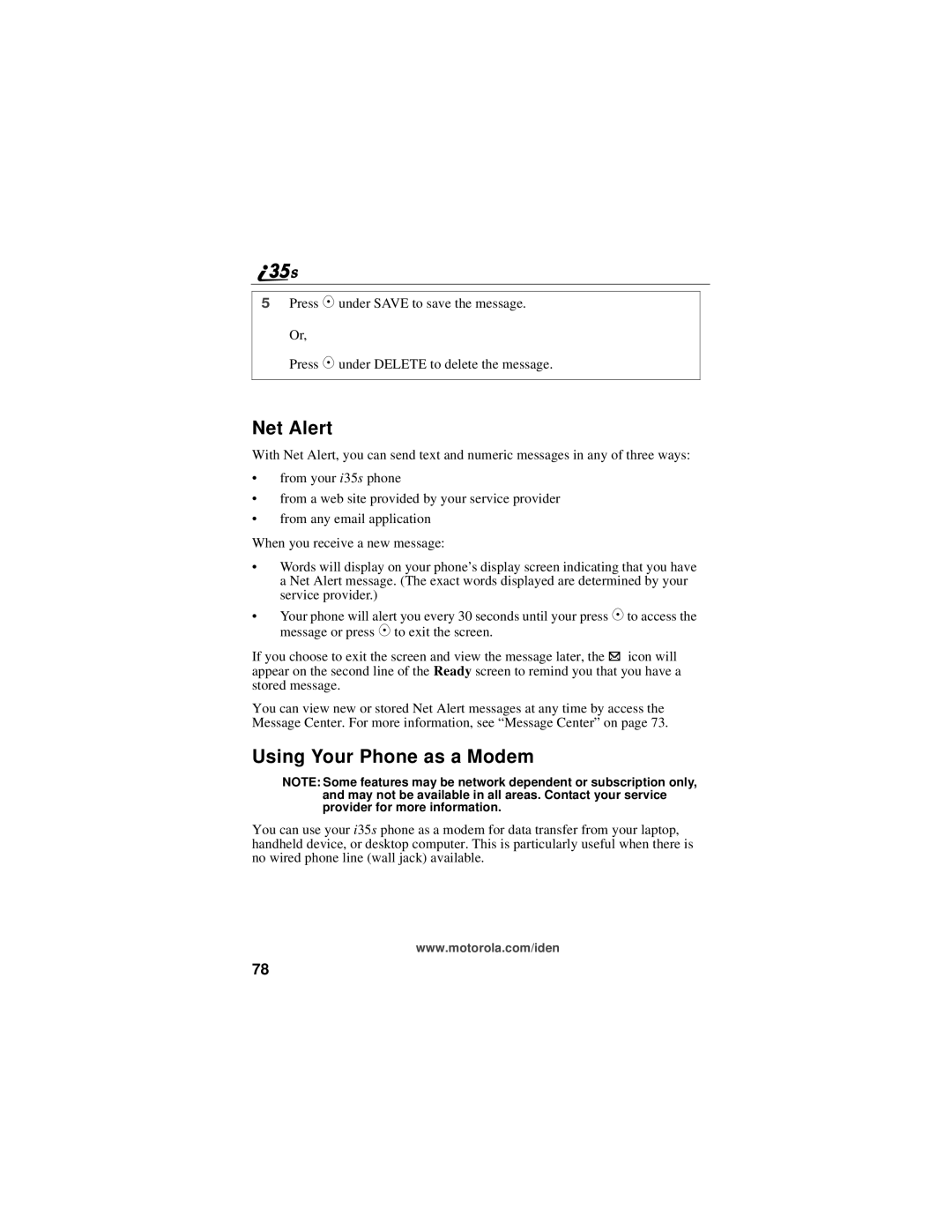 Motorola i325 manual Net Alert, Using Your Phone as a Modem 