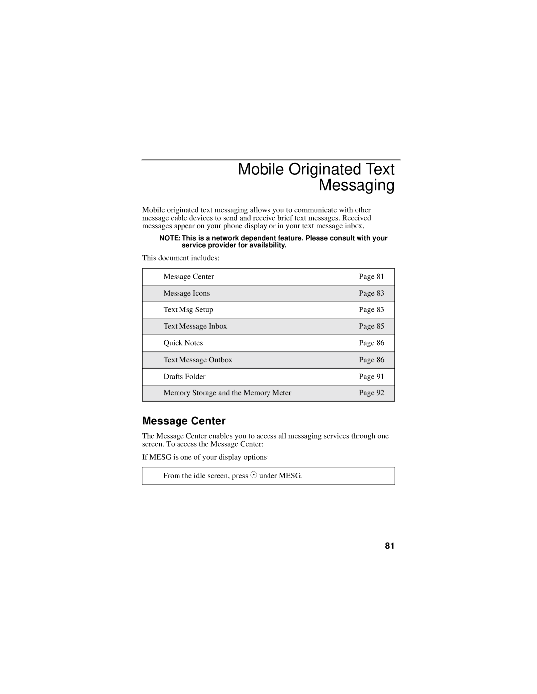 Motorola i325 manual Mobile Originated Text Messaging, Message Center 