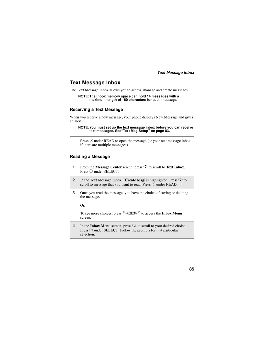 Motorola i325 manual Text Message Inbox, Receiving a Text Message, Reading a Message 