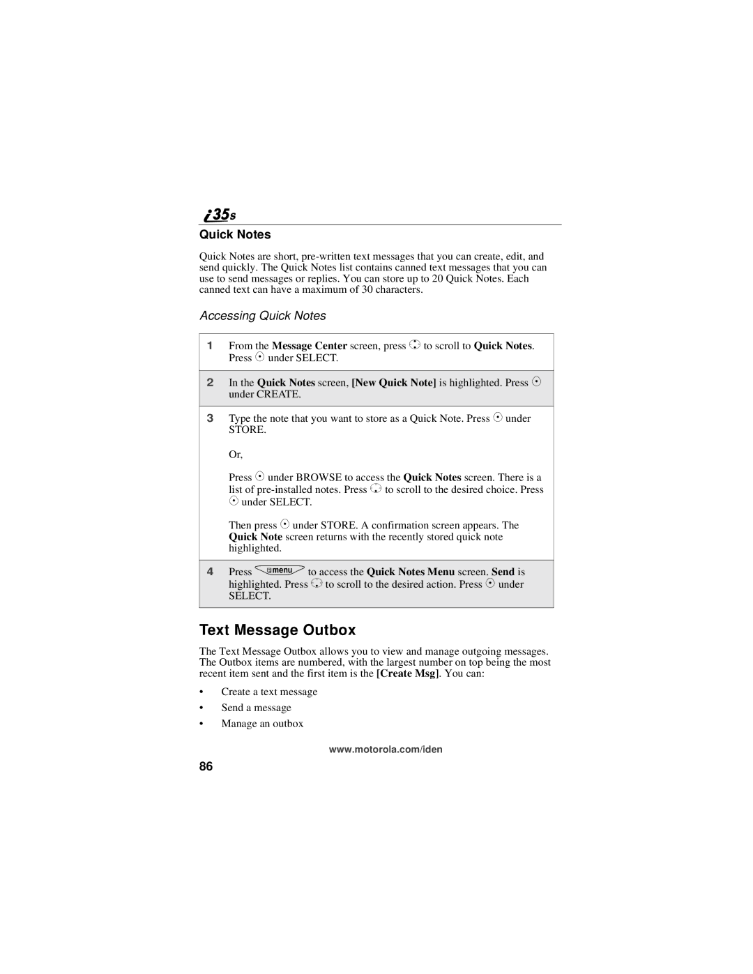 Motorola i325 manual Text Message Outbox, Accessing Quick Notes 