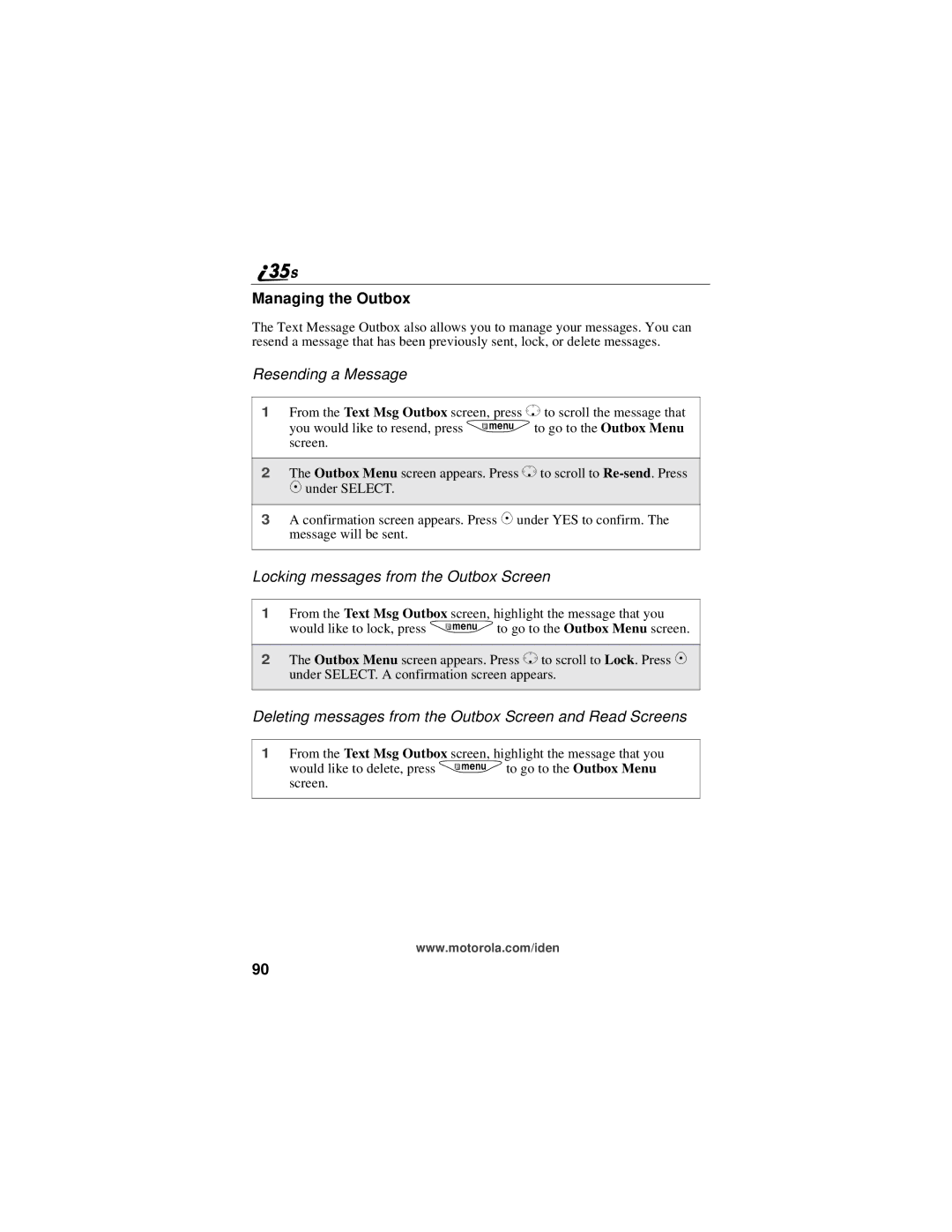 Motorola i325 manual Managing the Outbox, Resending a Message, Locking messages from the Outbox Screen 