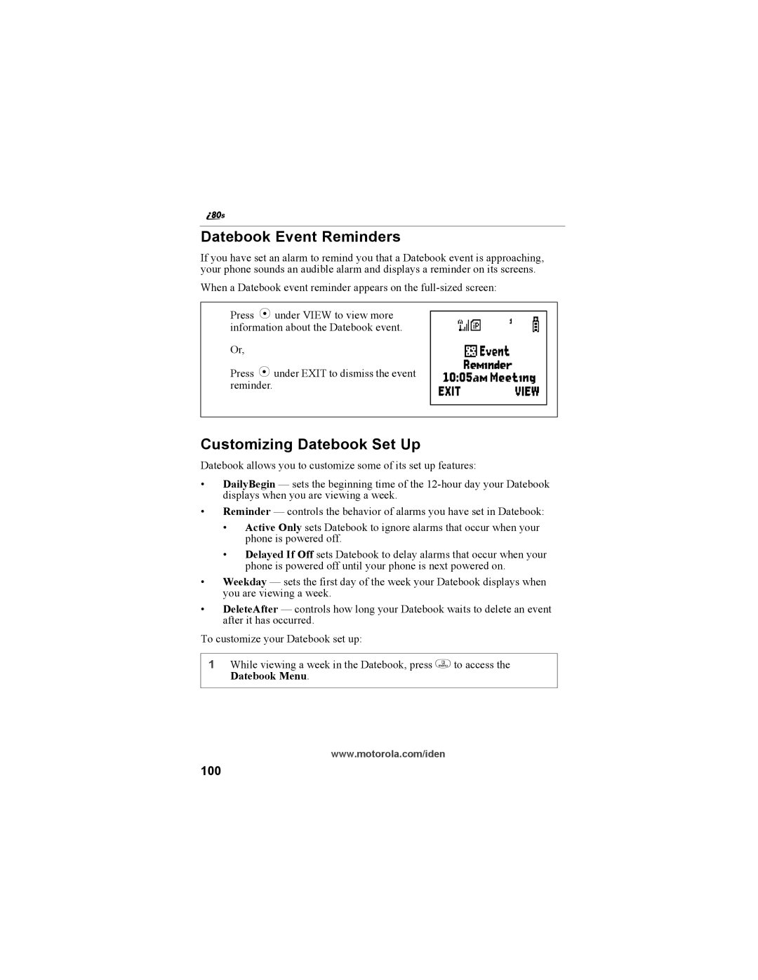 Motorola i335 manual Datebook Event Reminders, Customizing Datebook Set Up, 100 