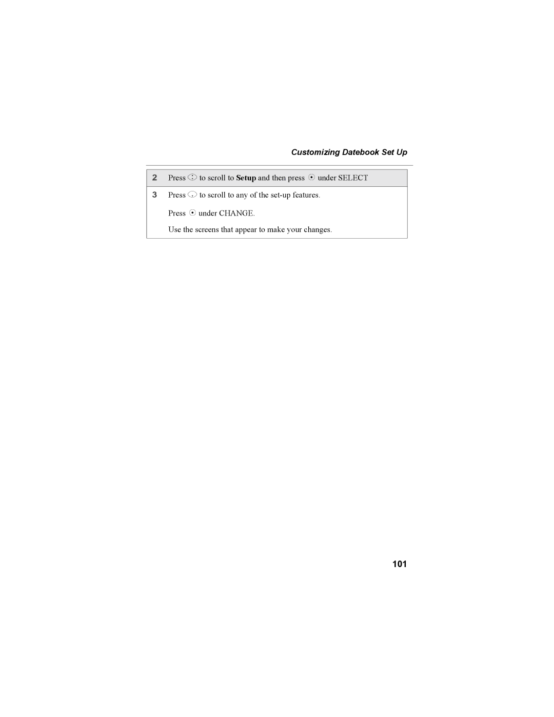 Motorola i335 manual 101, Customizing Datebook Set Up 