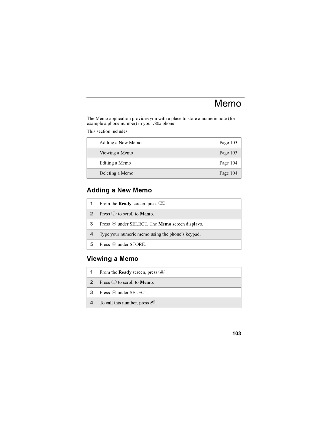 Motorola i335 manual Adding a New Memo, Viewing a Memo, 103 