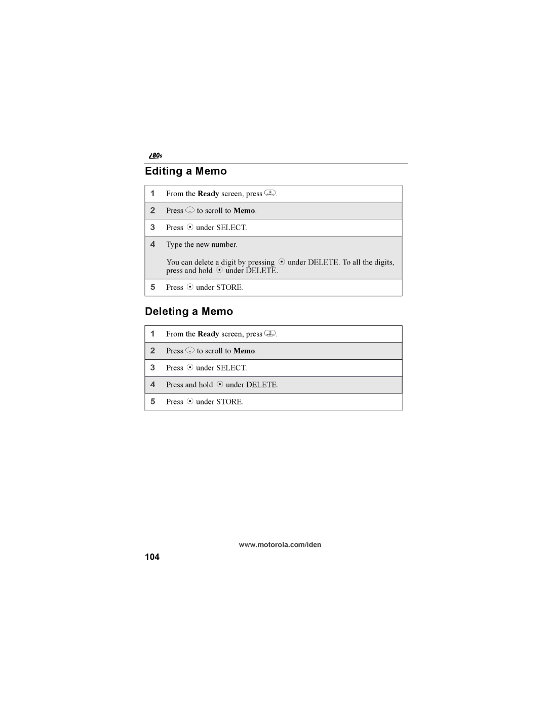 Motorola i335 manual Editing a Memo, Deleting a Memo, 104 