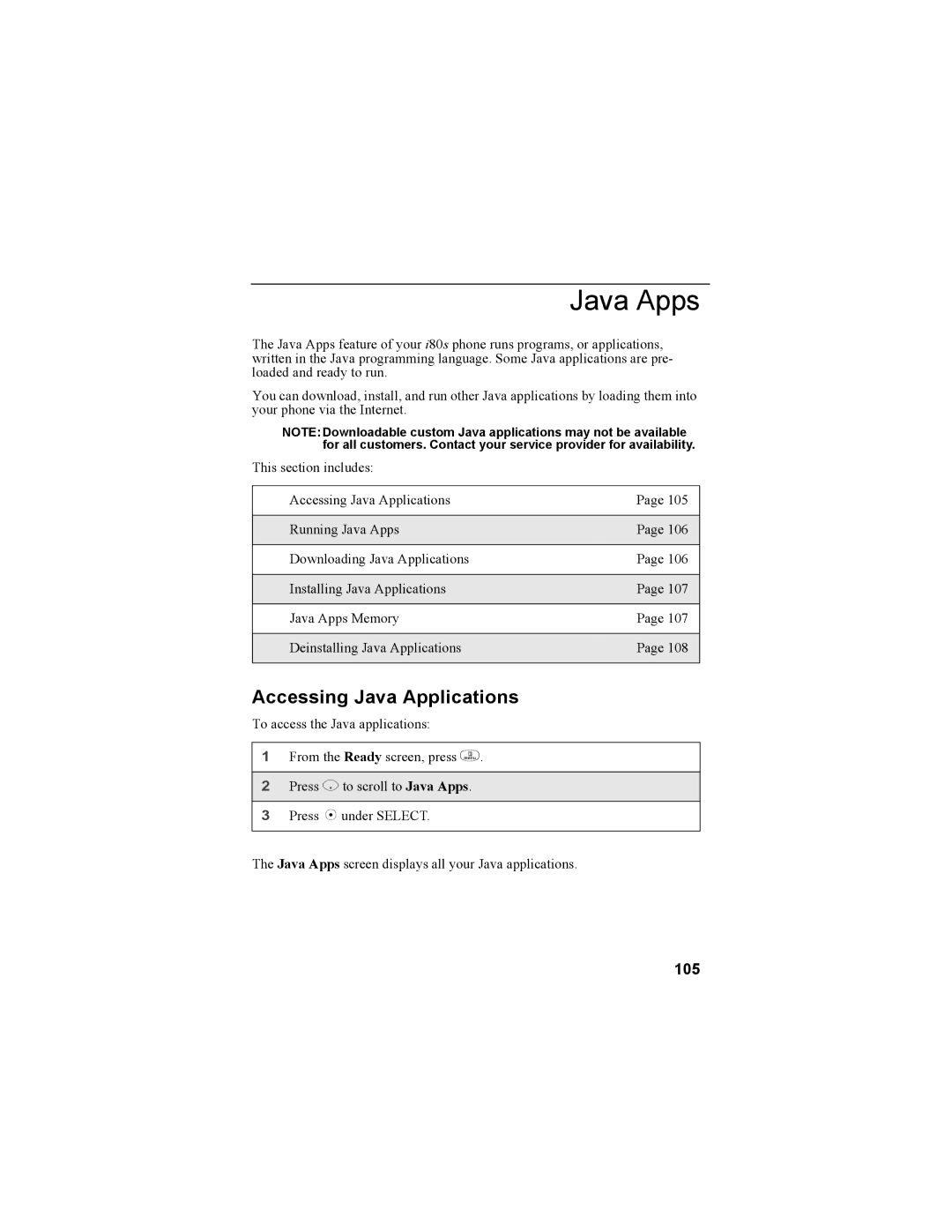 Motorola i335 manual Java Apps, Accessing Java Applications, 105 