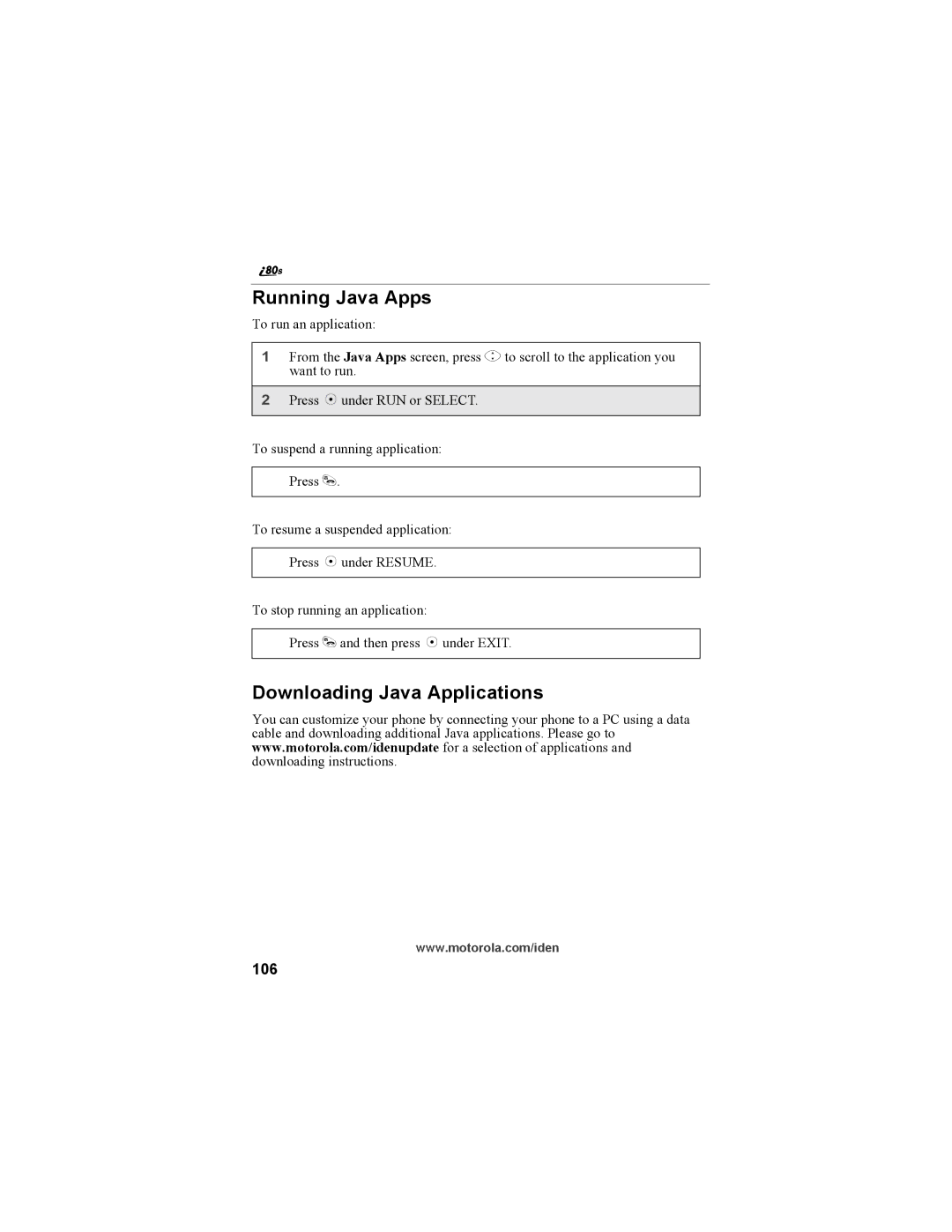 Motorola i335 manual Running Java Apps, Downloading Java Applications, 106 