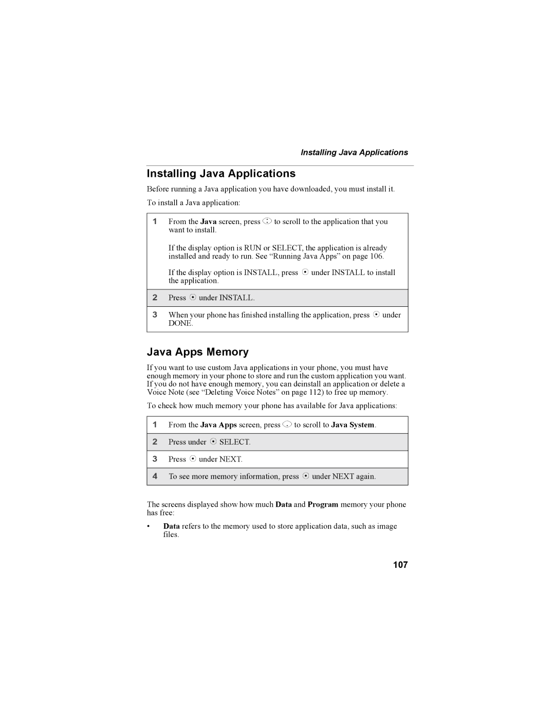 Motorola i335 manual Installing Java Applications, Java Apps Memory, 107 