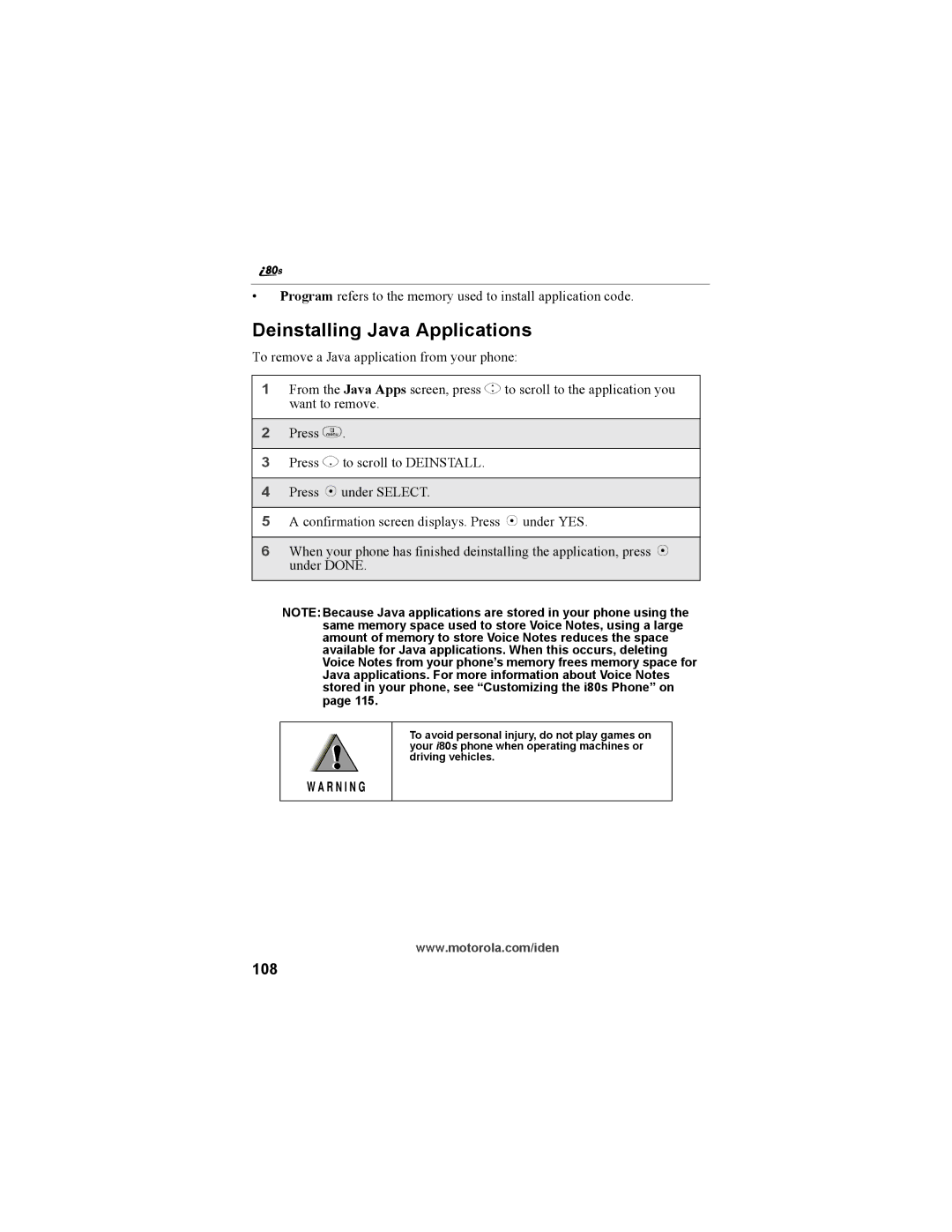 Motorola i335 manual Deinstalling Java Applications, 108 