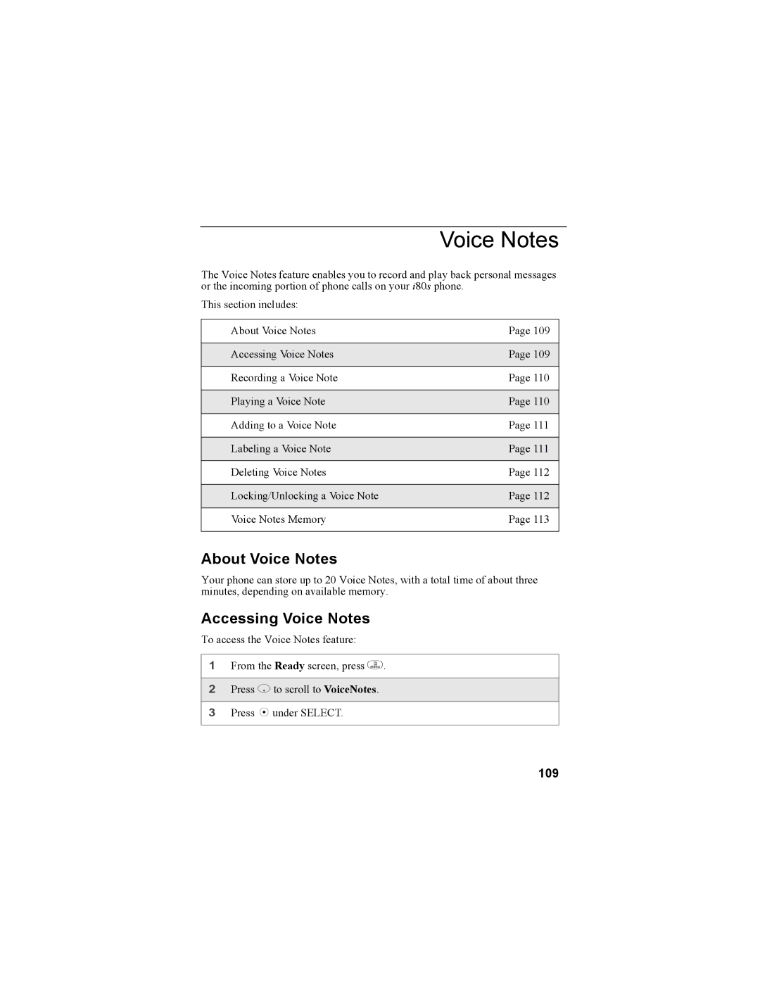 Motorola i335 manual About Voice Notes, Accessing Voice Notes, 109 