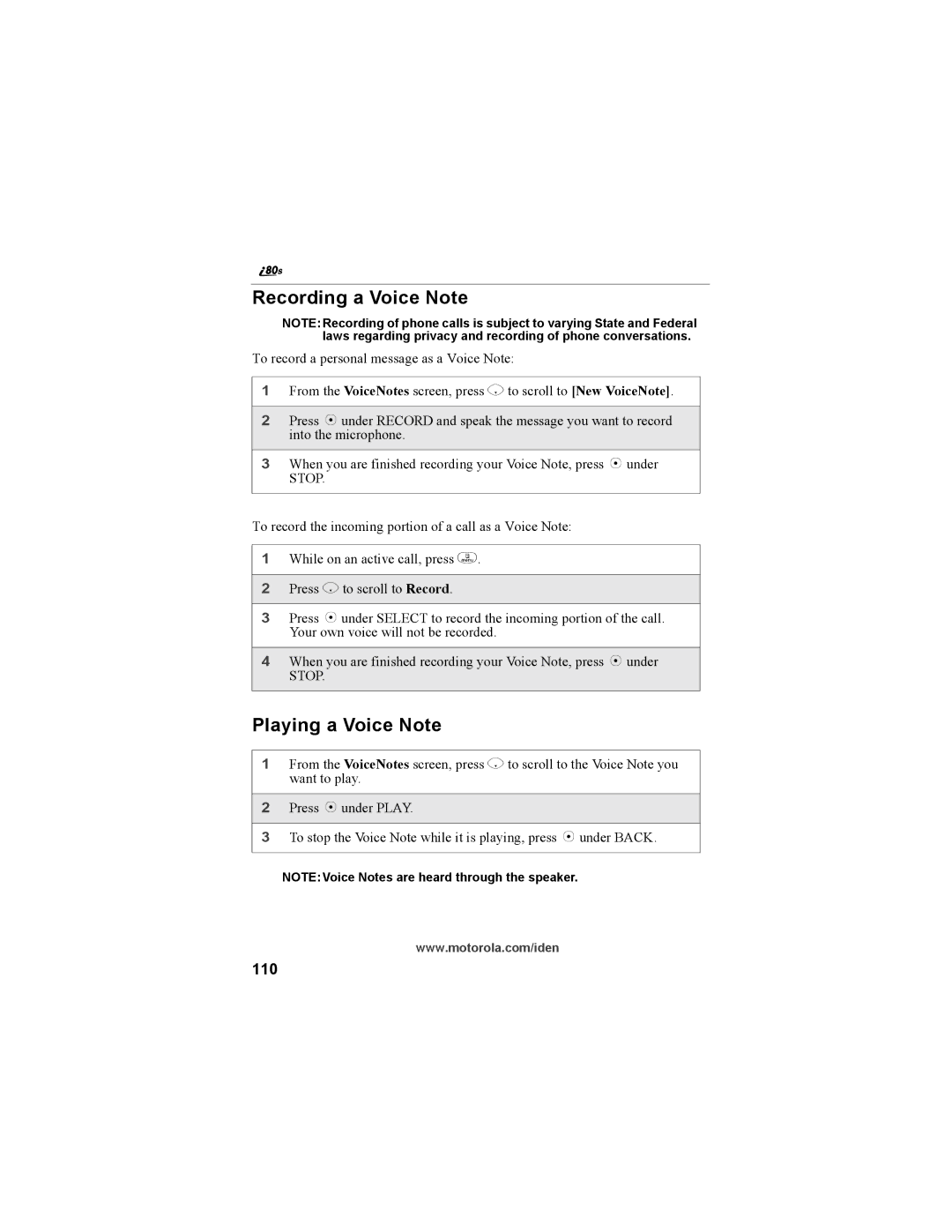 Motorola i335 manual Recording a Voice Note, Playing a Voice Note, 110 