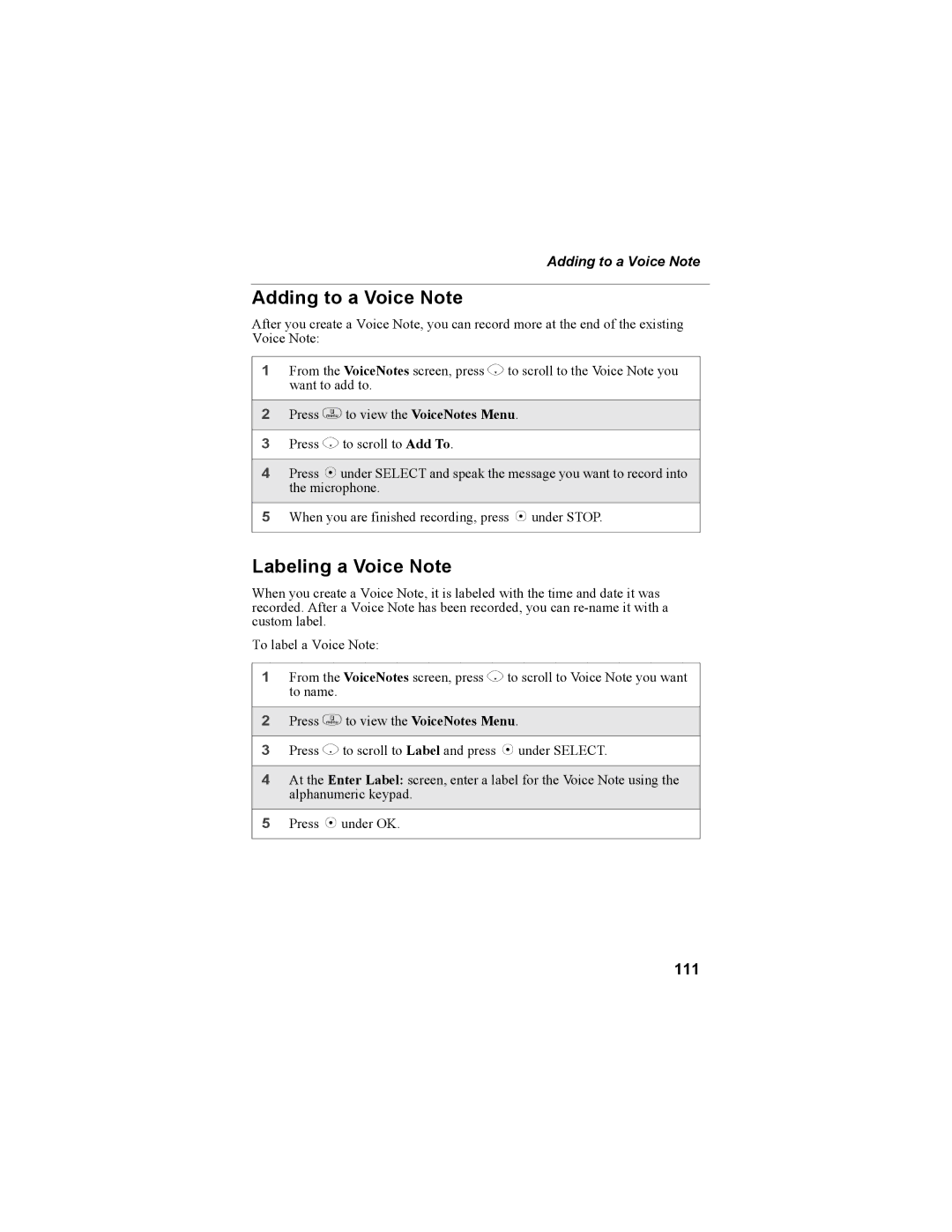 Motorola i335 manual Adding to a Voice Note, Labeling a Voice Note, 111 