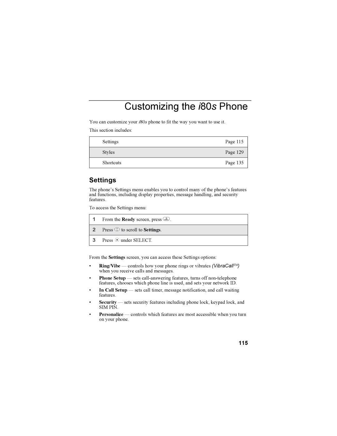 Motorola i335 manual Customizing the i80s Phone, Settings, 115 