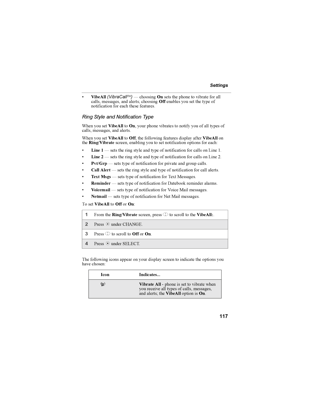 Motorola i335 manual Ring Style and Notification Type, 117, Settings, IconIndicates 