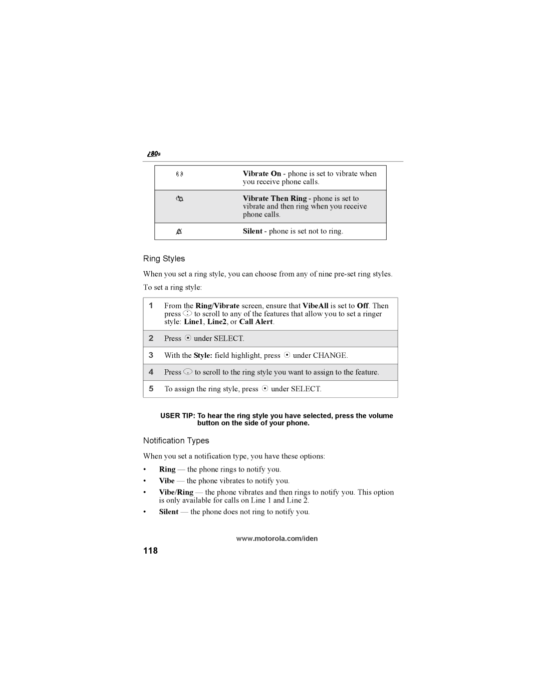 Motorola i335 manual Ring Styles, 118 