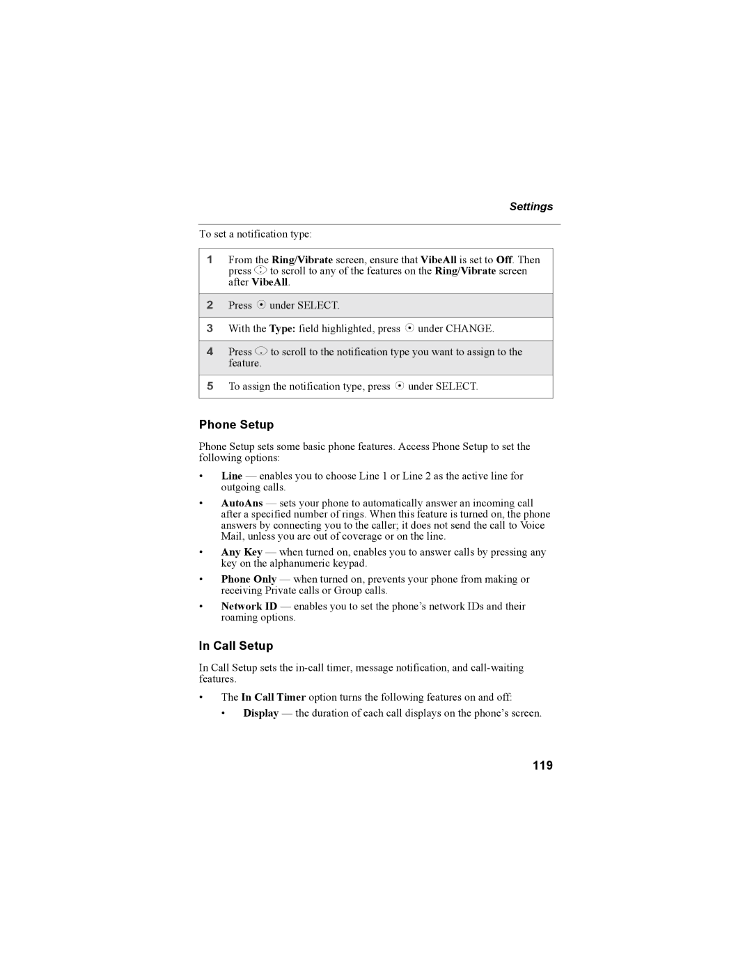 Motorola i335 manual Phone Setup, Call Setup, 119 