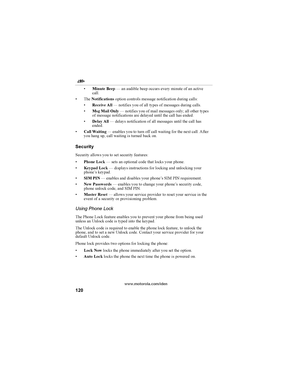 Motorola i335 manual Security, Using Phone Lock, 120 