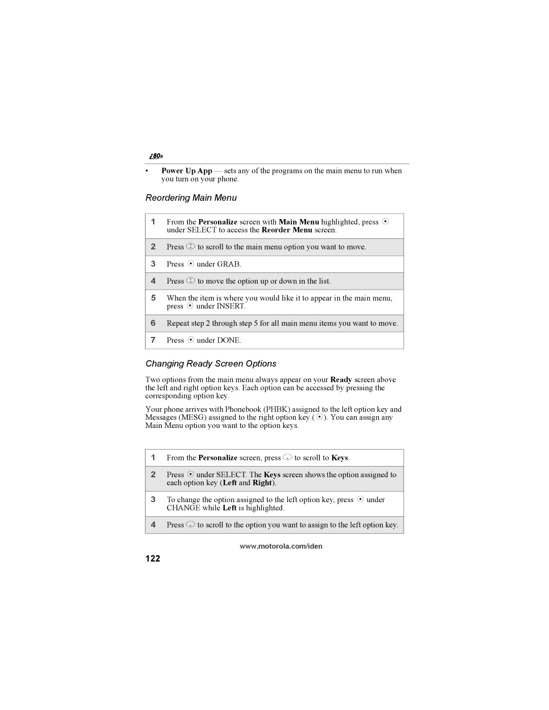 Motorola i335 manual Reordering Main Menu, Changing Ready Screen Options, 122 