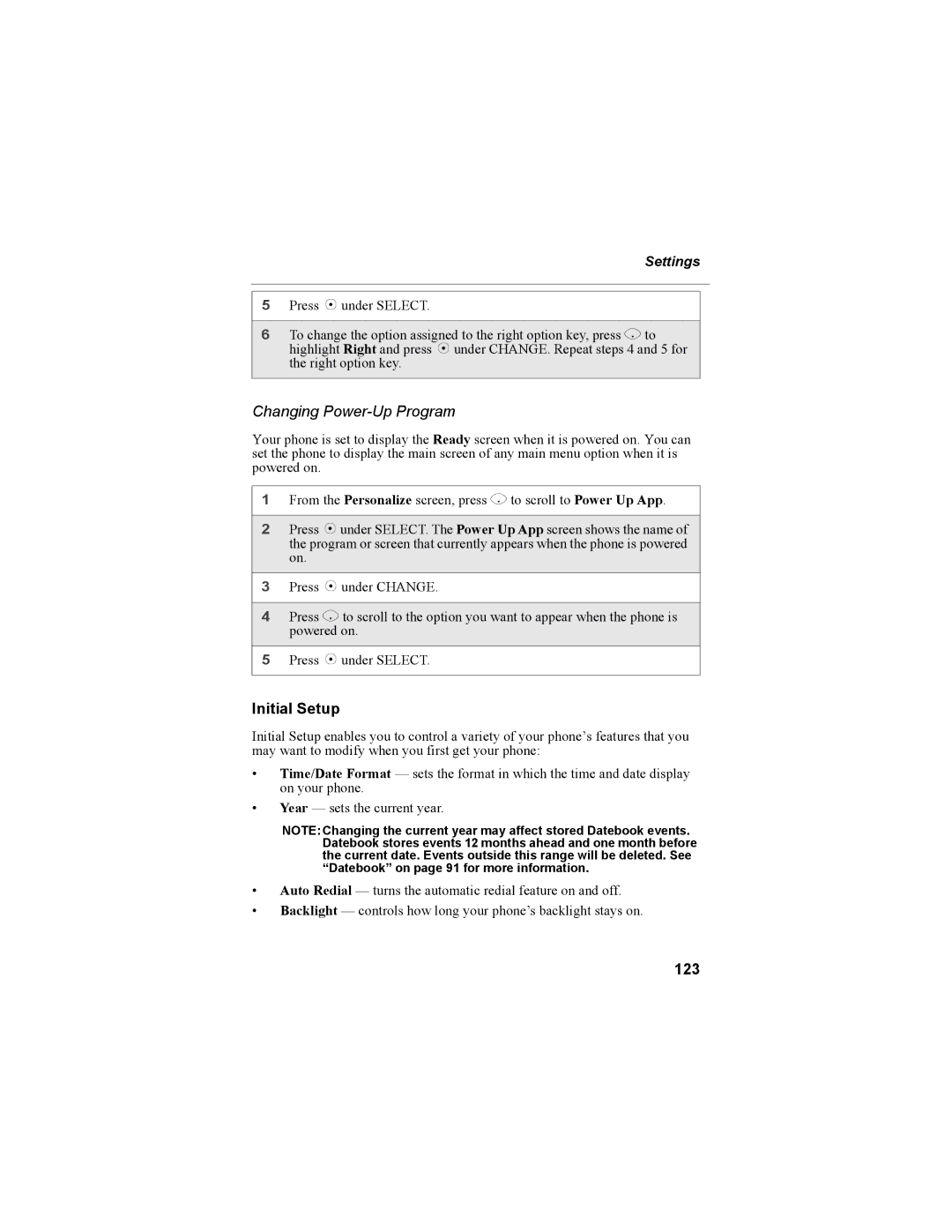 Motorola i335 manual Changing Power-Up Program, Initial Setup, 123 