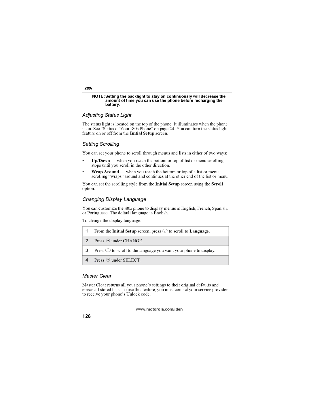 Motorola i335 manual Adjusting Status Light, Setting Scrolling, Changing Display Language, Master Clear, 126 