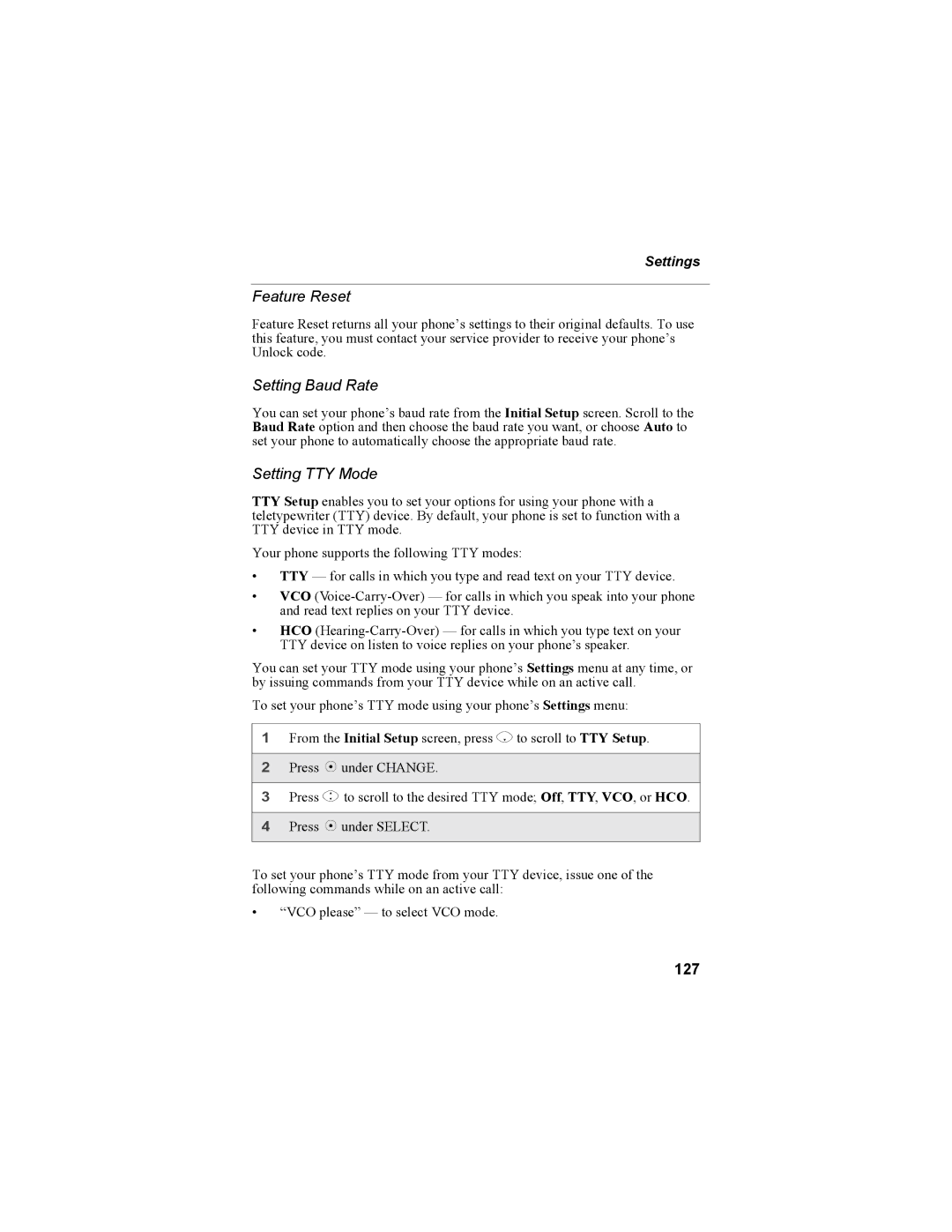 Motorola i335 manual Feature Reset, Setting Baud Rate, Setting TTY Mode, 127 