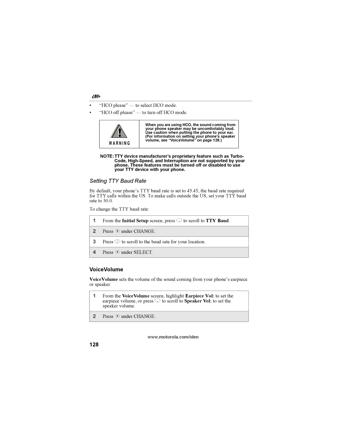 Motorola i335 manual Setting TTY Baud Rate, VoiceVolume, 128 