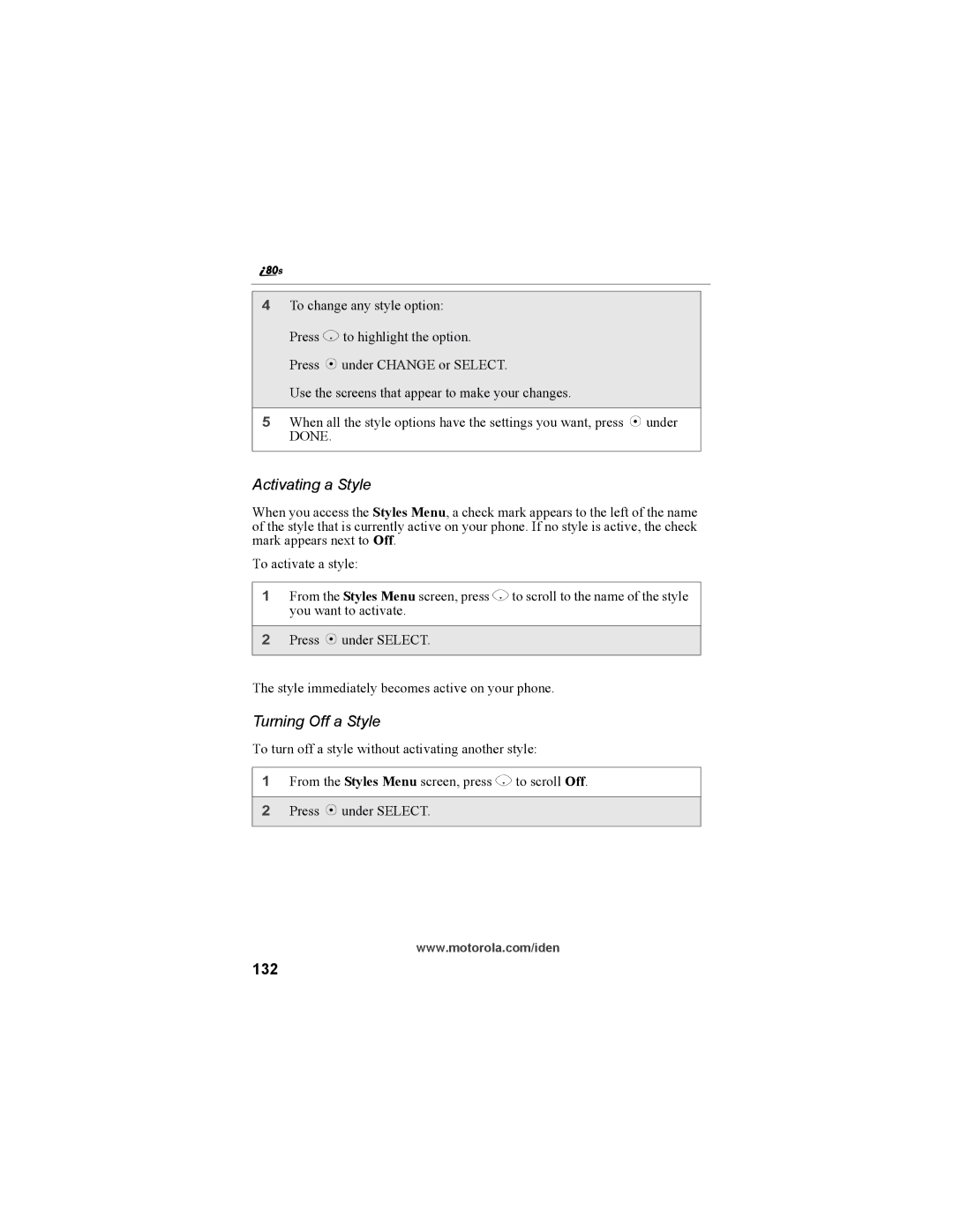 Motorola i335 manual Activating a Style, Turning Off a Style, 132 