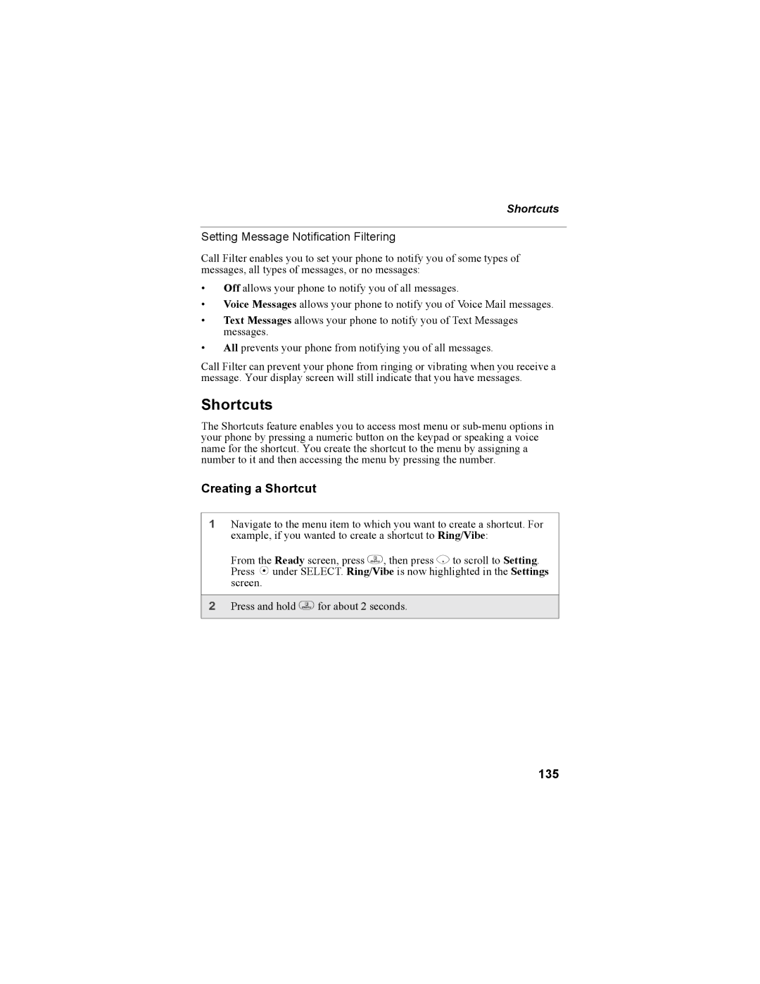 Motorola i335 manual Shortcuts, Creating a Shortcut, 135 