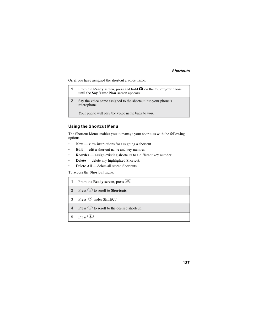 Motorola i335 manual Using the Shortcut Menu, 137 