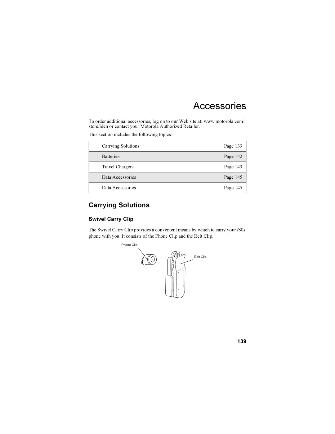 Motorola i335 manual Accessories, Carrying Solutions, Swivel Carry Clip, 139 