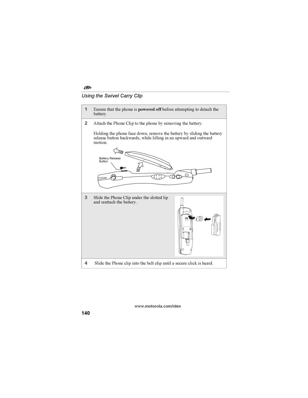 Motorola i335 manual Using the Swivel Carry Clip, 140 