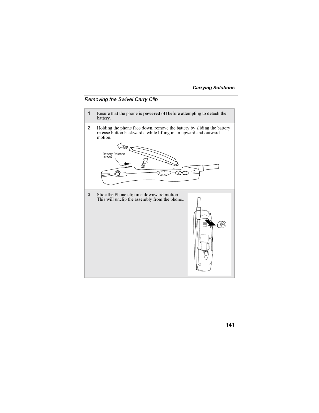 Motorola i335 manual Removing the Swivel Carry Clip, 141, Carrying Solutions 