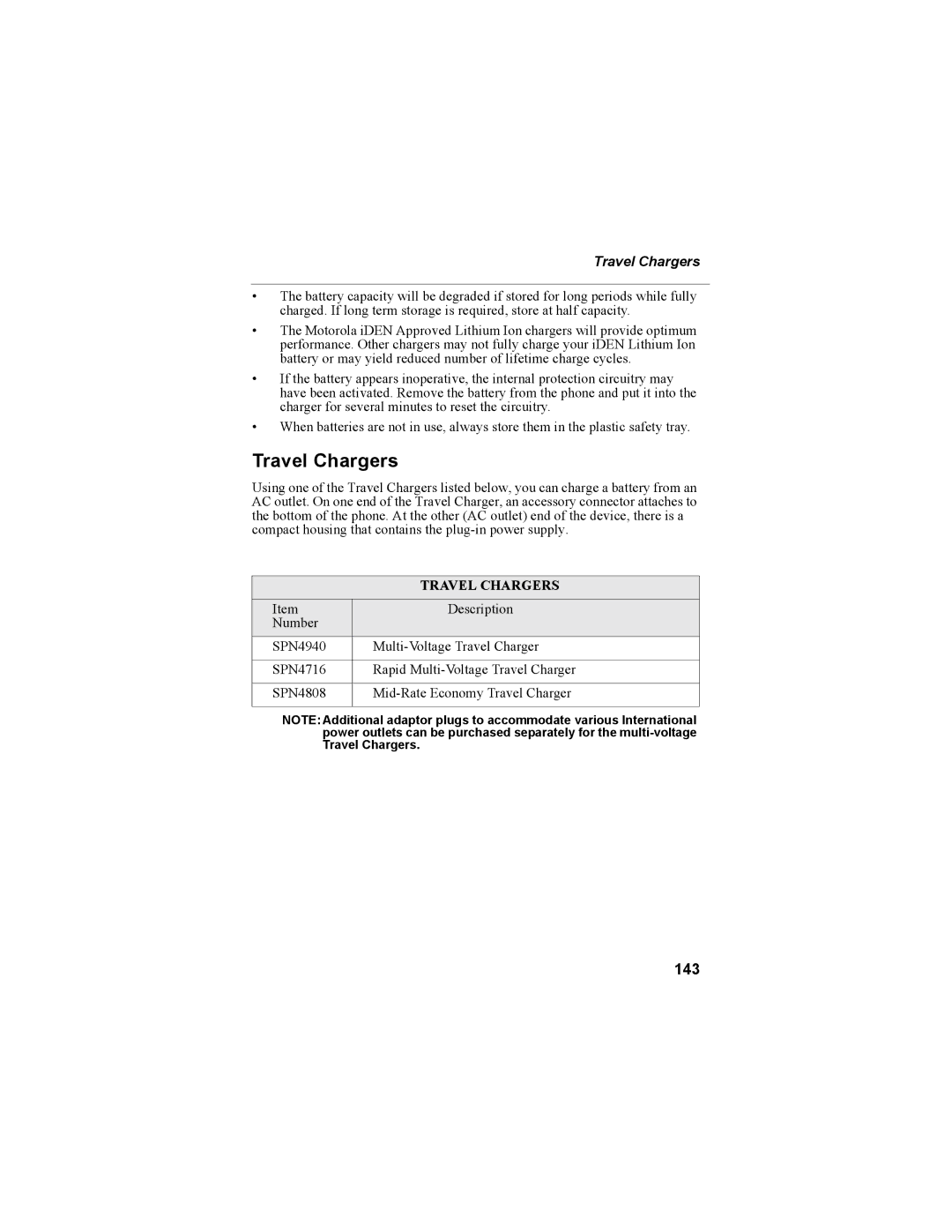 Motorola i335 manual Travel Chargers, 143 