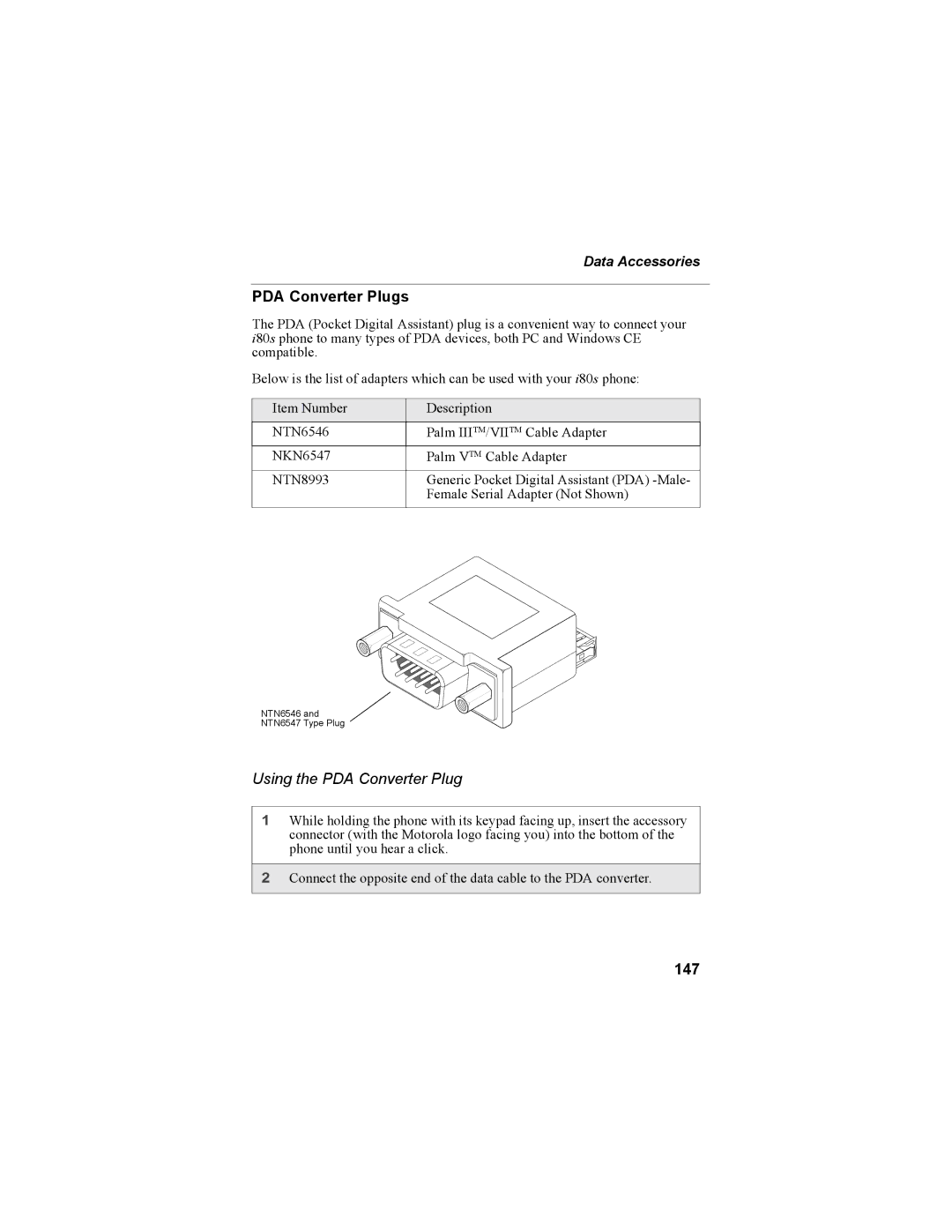 Motorola i335 manual PDA Converter Plugs, Using the PDA Converter Plug, 147 