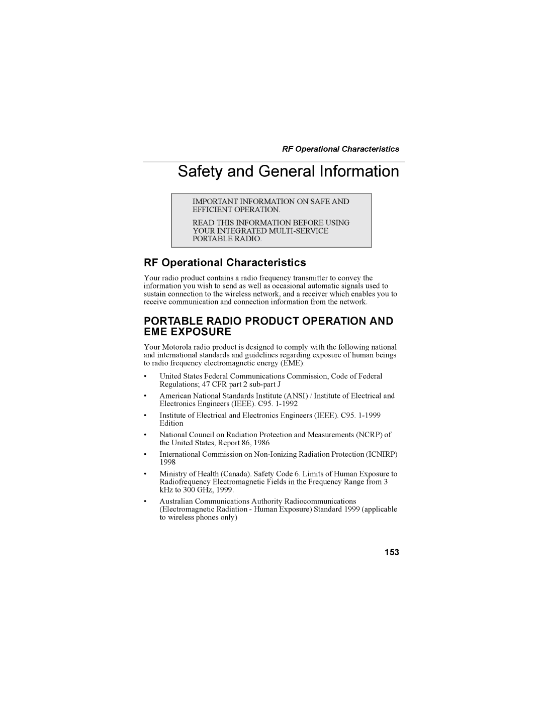 Motorola i335 manual Safety and General Information, RF Operational Characteristics, 153 