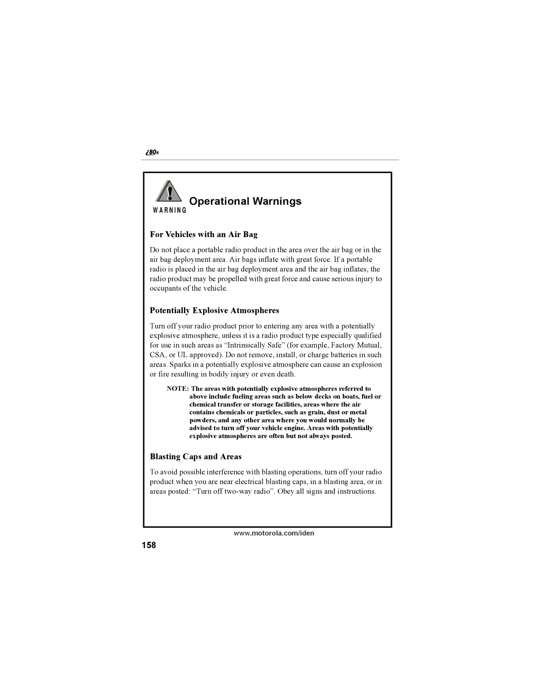 Motorola i335 manual Operational Warnings, 158 