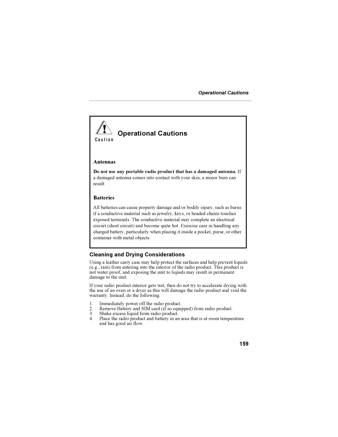 Motorola i335 manual Operational Cautions, Cleaning and Drying Considerations, 159 