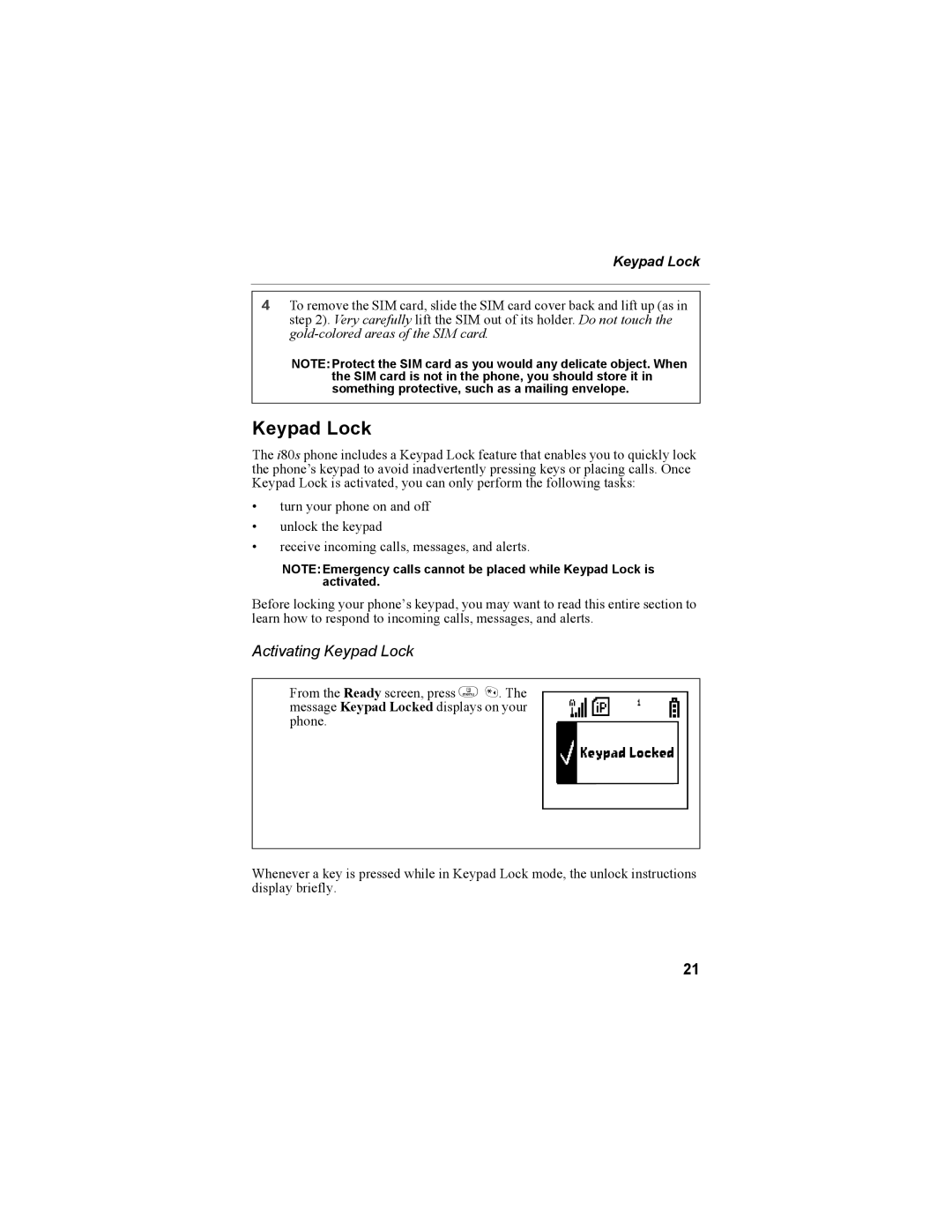 Motorola i335 manual Activating Keypad Lock 