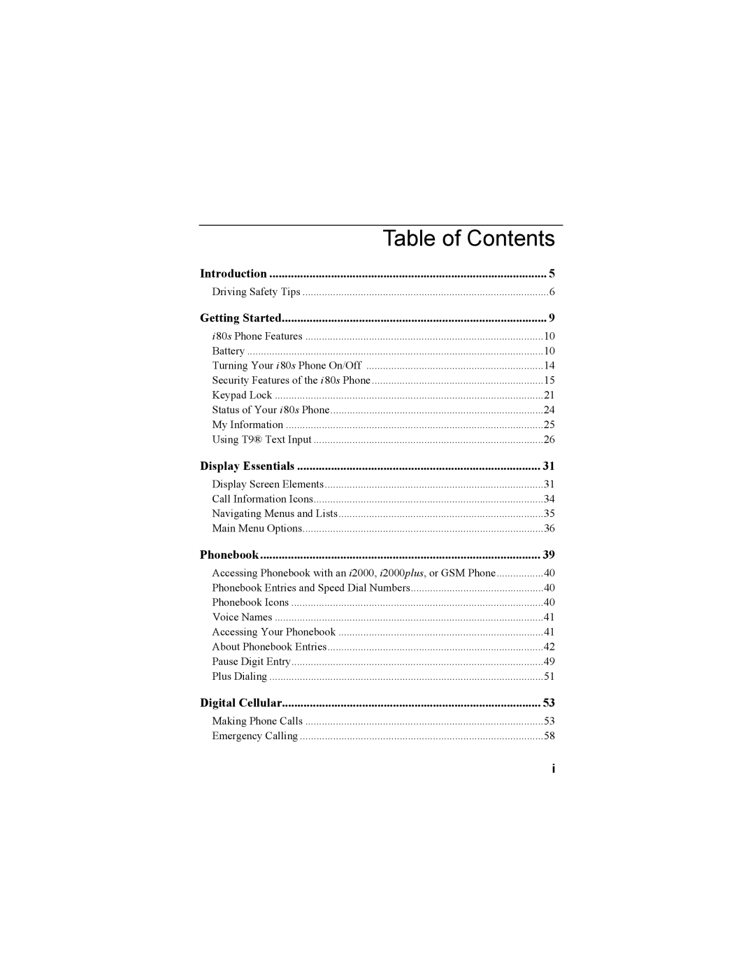 Motorola i335 manual Table of Contents 