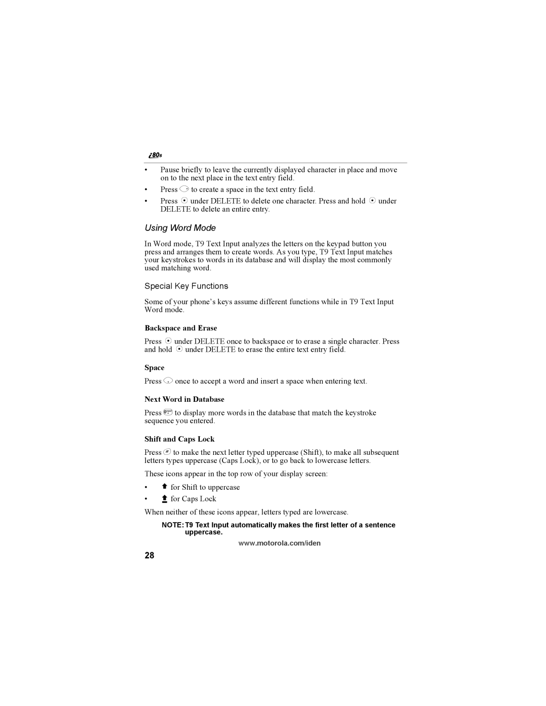 Motorola i335 manual Using Word Mode, Backspace and Erase, Space, Next Word in Database, Shift and Caps Lock 