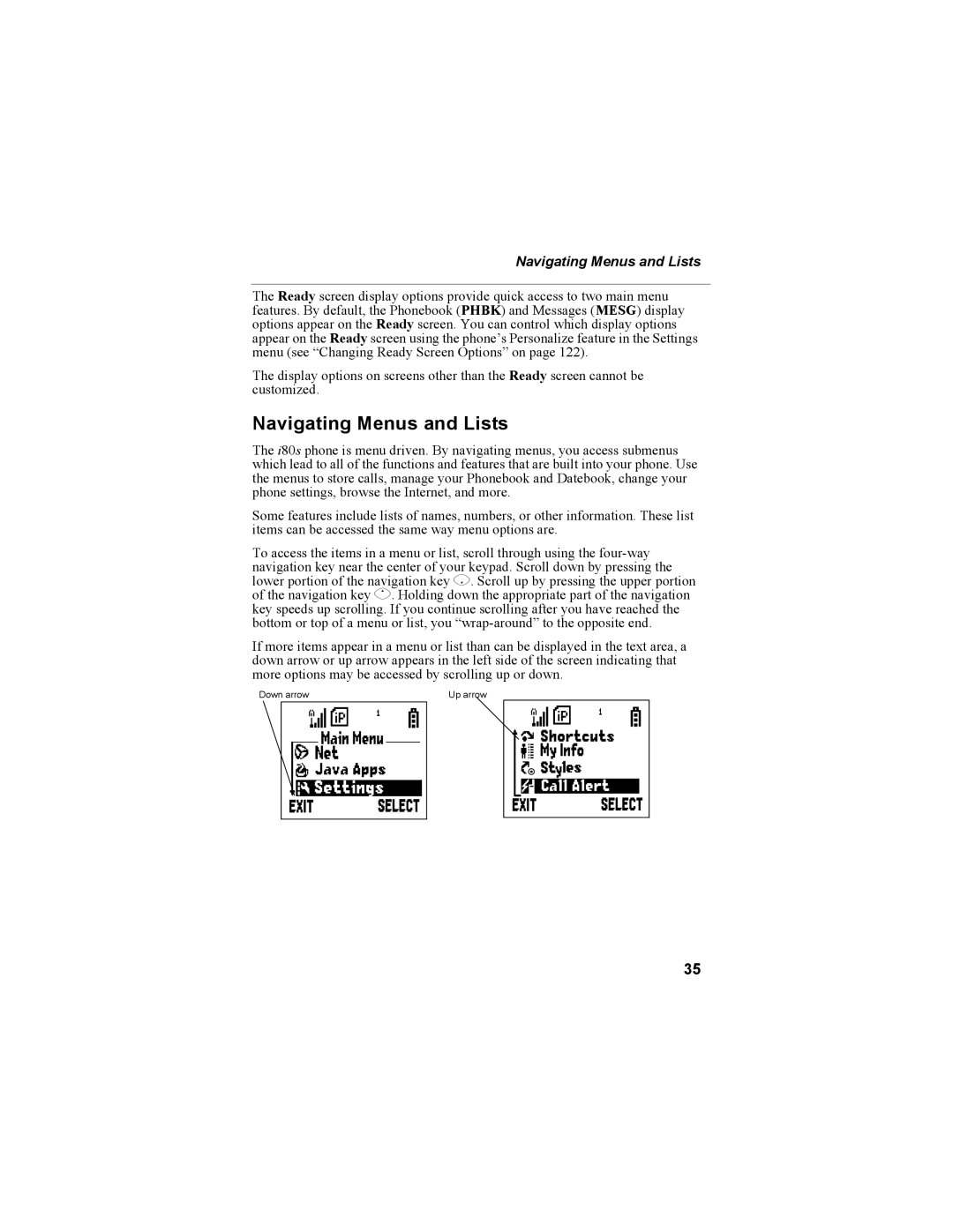 Motorola i335 manual Navigating Menus and Lists 