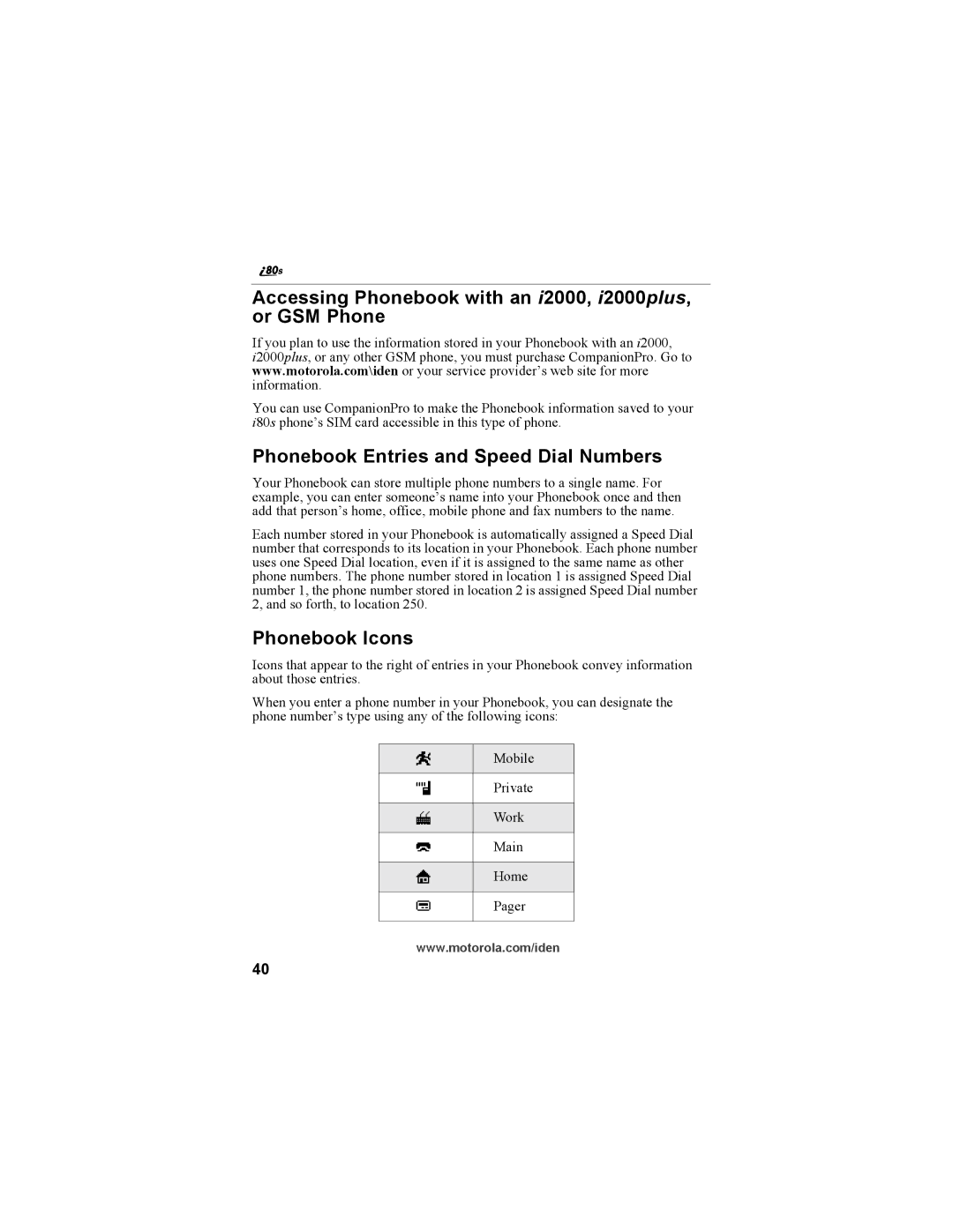 Motorola i335 manual Accessing Phonebook with an i2000, i2000plus, or GSM Phone, Phonebook Entries and Speed Dial Numbers 